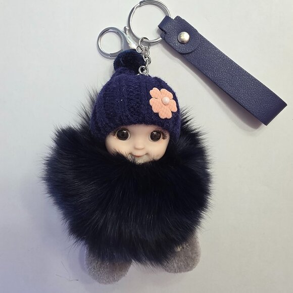 Cute Smiling Fur Baby Keychain with LOVE tag, Plush rabbit fur, Bag Charm - Picture 3 of 5